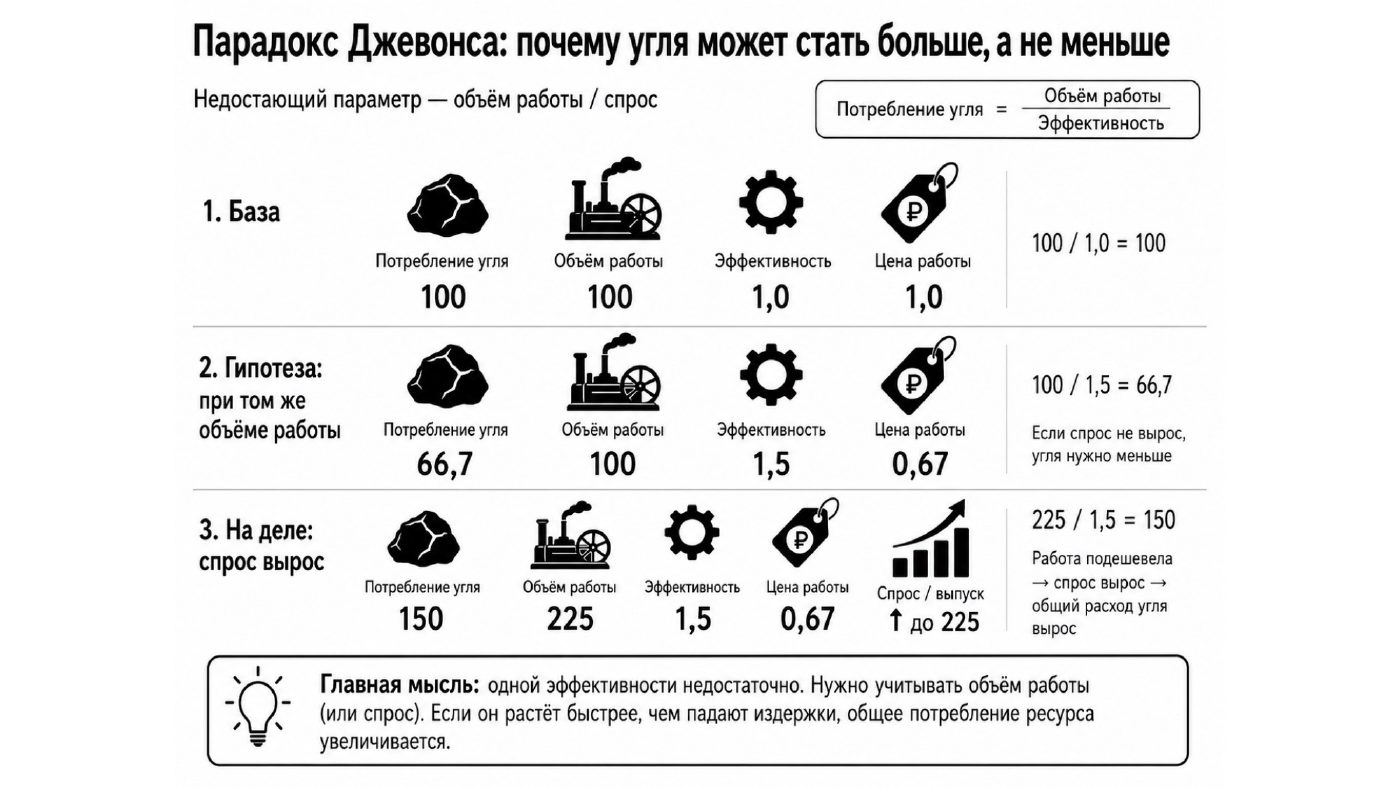 Парадокс Джевонса в трёх строчках: база, гипотеза при том же объёме работы и то, что происходит на деле.