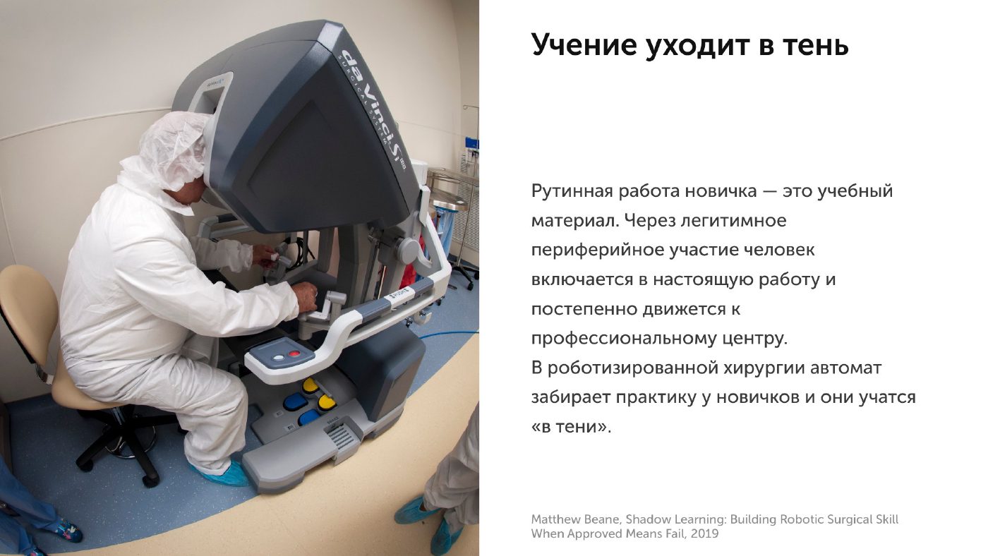 Обучение уходит в тень: в роботизированной хирургии автомат забирает практику у новичков. Matthew Beane, Shadow Learning, 2019.